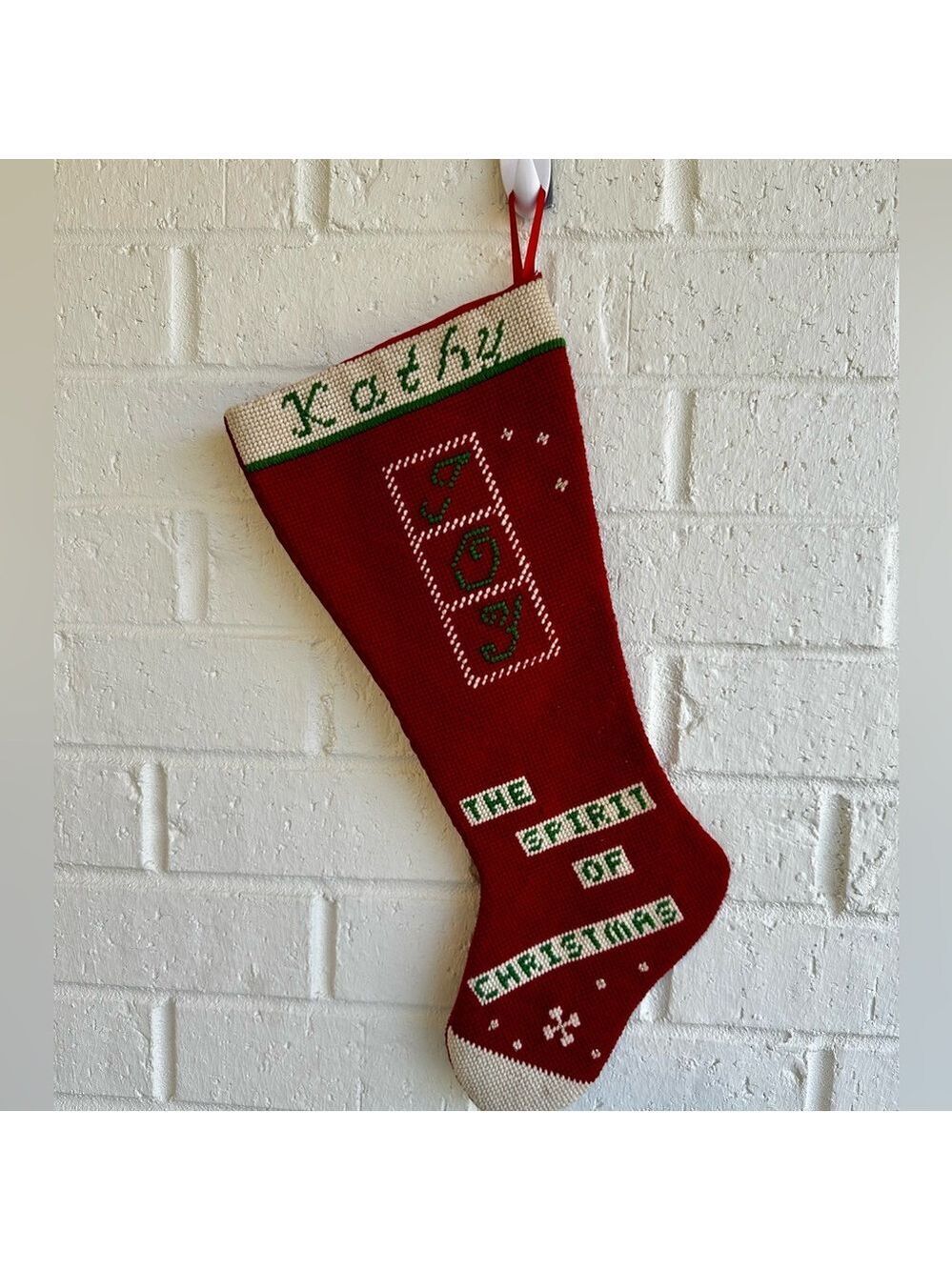 The Spirit of Christmas Red Joy Stocking for Kathy.  Cross Stitched Design Vtg